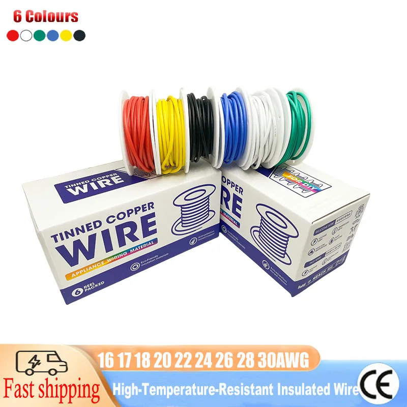 6-Color Silica Gel Wire, 30AWG 28AWG 26AWG 24AWG 22AWG 20 18 16AWG, Multi-Strand Tinned Copper High-Temperature-Resistant Wire
