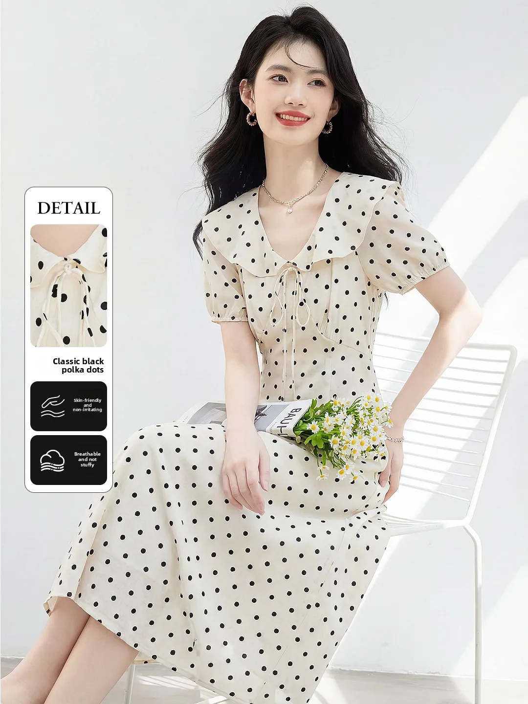

Xin Fei Yu Polka Dot V-neck Short Sleeve Dress Women's Summer New Style High Waist Slimming Midi Dress French Style Casual