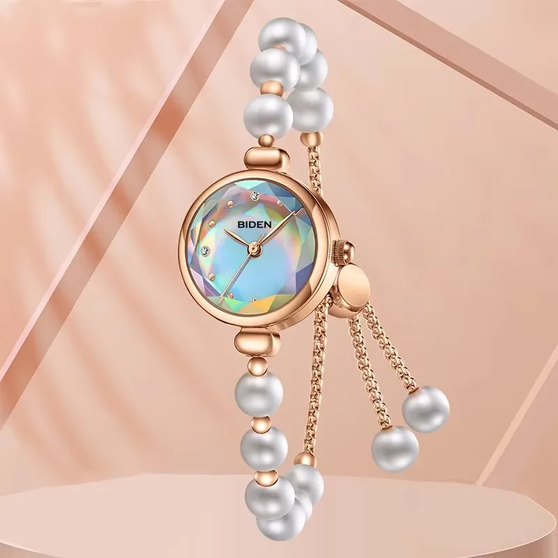 BIDEN-Reloj de pulsera de cuarzo para mujer, cronógrafo de lujo con diseño de correa de perlas a la moda, regalo elegante para el Día de San Valentín, novedad de 2024