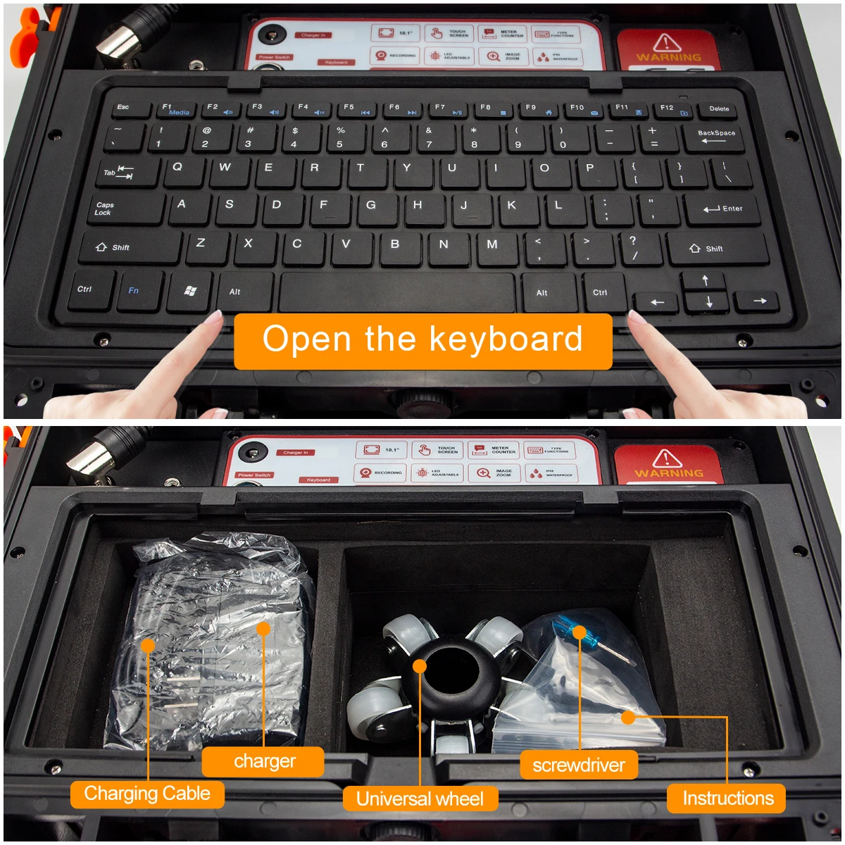 กล้องตรวจสอบท่อแบบปรับระดับอัตโนมัติ พร้อมเครื่องส่งสัญญาณ 512HZ หน้าจอสัมผัส HD ขนาด 10.1 นิ้ว พร้อม DVR 16GB บันทึกวิดีโอแบบอนาล็อก