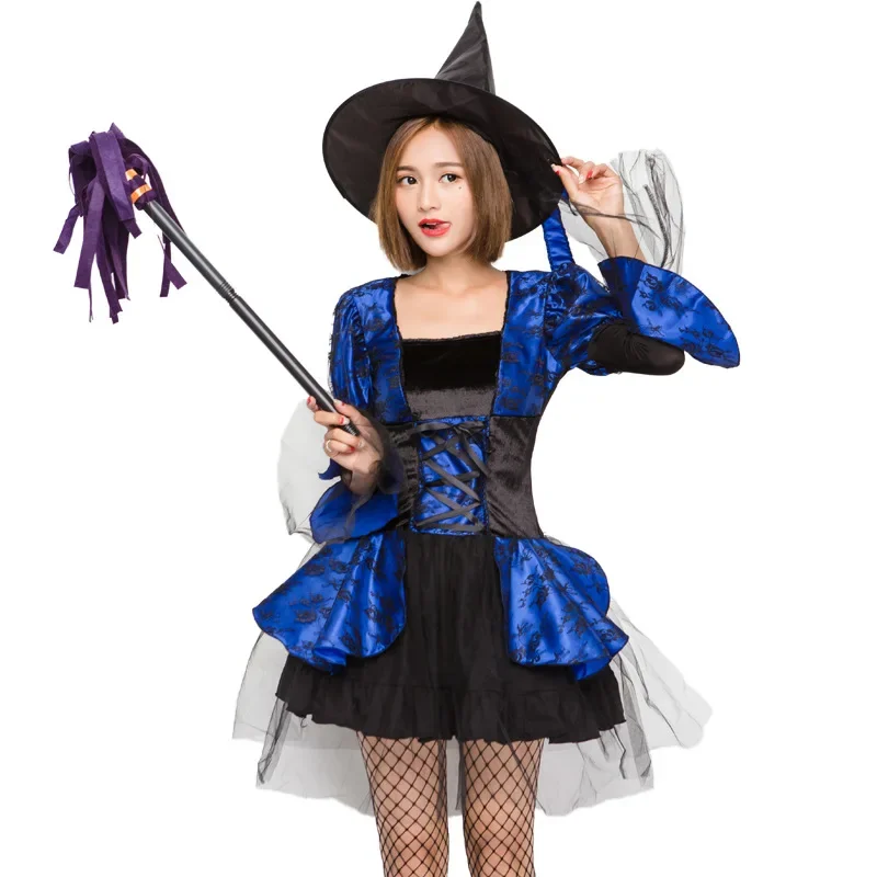 Fantasia Frauen blau schwarz drucken Hexen kostüm Cosplay Halloween Purim Karneval Party Kostüme Spiel anzug