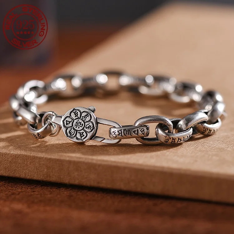 S925 Silver six-word Truth bracelet Men's and women's fashion trend simple personality jewelry retro ethnic style bracelet