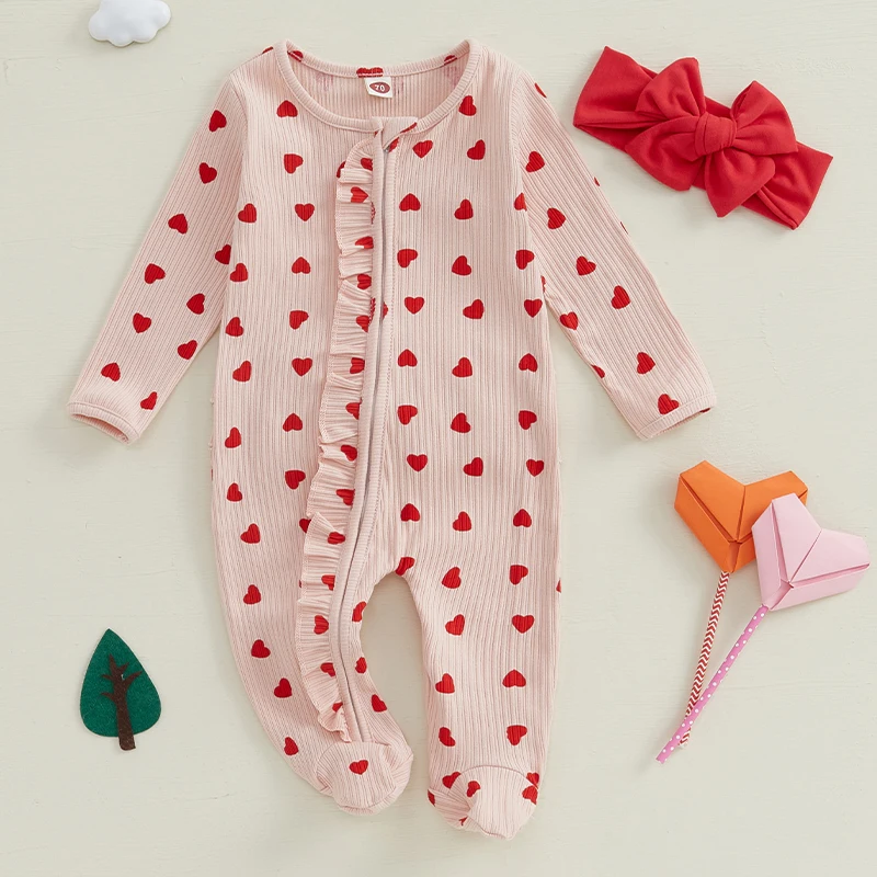 

Baby Girl Valentine’s Day Rompers Outfits Long Sleeve Heart Print Footie Jumpsuit Headband Set Newborn Baby Coming Home Clothes