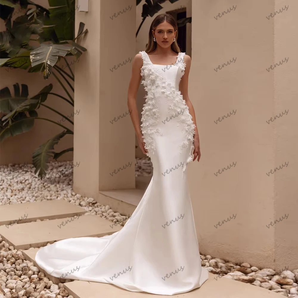 

Vintage Wedding Dresses Satin Bridal Gowns 3D Appliques Sleeveless Square Collar Robes For Women Customized Vestidos De Novia