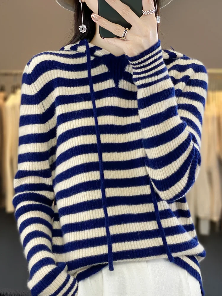 

Addonee 100% Merino Wool Sweater Women Hoodie Autumn Winter Long Sleeve Pullover Thick Striped Casual Jumpers Korean Fashion Top