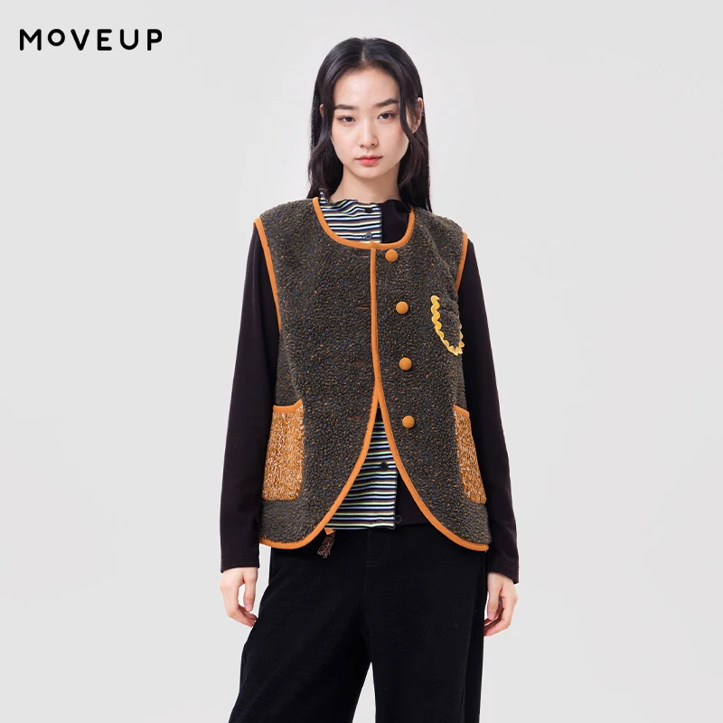 MOVEUP Women's Sleeveless Jacket Color Contrast Patch Pockets Wave Ribbon Short Vest FUN Series 2026 Winter Outerwear 3ELD11008
