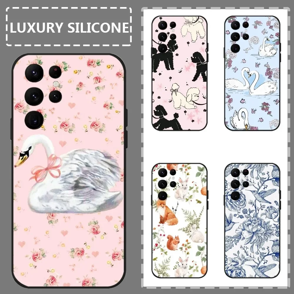 

Wildflower Swan Rabbit Dog Phone Case For Samsung Galaxy S24 Ultra S22 S23 Ultra S21 S20 5G Protective Silicone TPU Funda