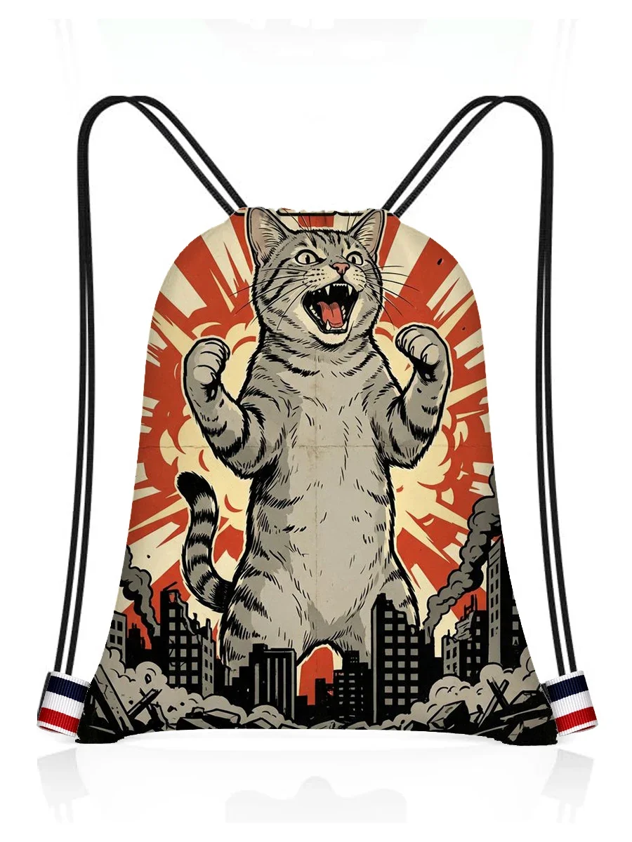 Catzilla Japanese Art Drawstring Backpack Waterproof Bags Sports Cinch Sack String Backpack Storage Bags for School Gym Sackpack