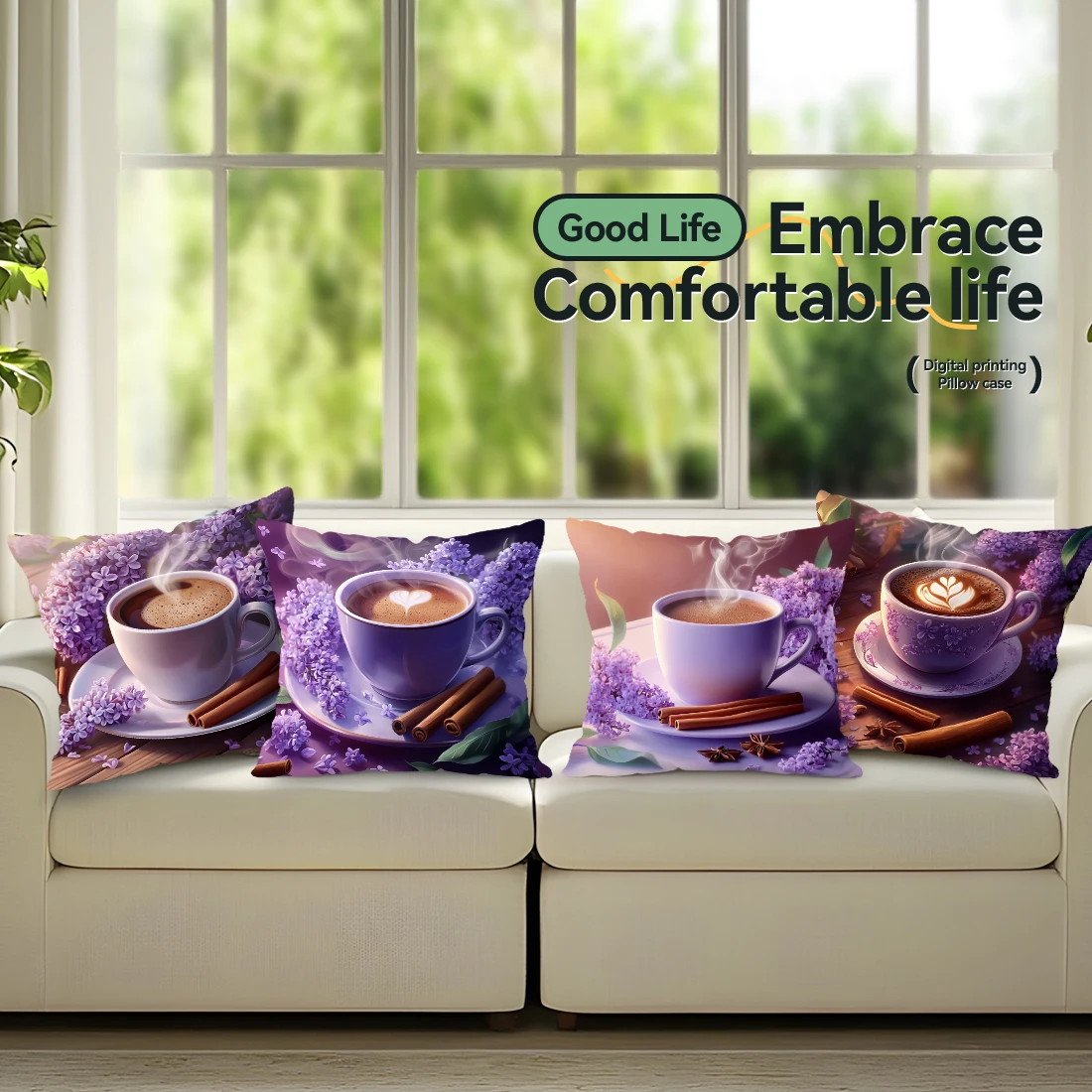 Lilac Coffee Cushion  Pillowcase Printed Polyester 45x45cm Throw Pillowcover Decorative Sofa Cushion Pillowslip Home Decor