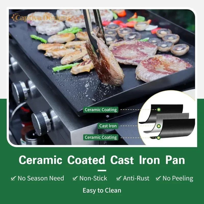 Captiva Designs 27 in Flat Top Grill with Ceramic Coated Cast Iron Pan, 3-Burner Propane Gas Griddle Grill