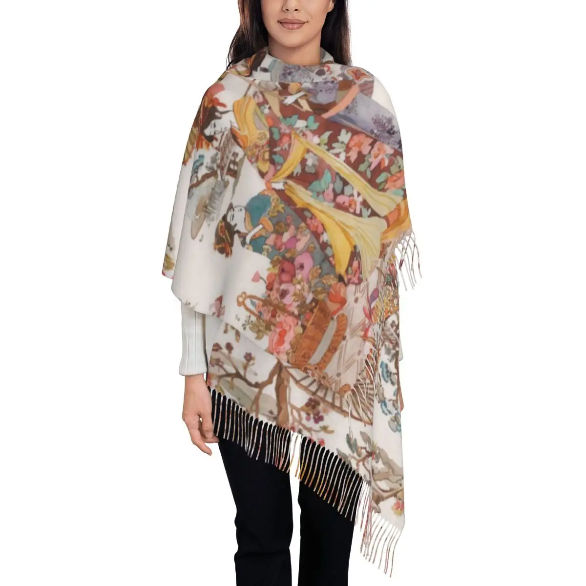 Customized Fashion Vintage Japanese Geishas Traditional Art Tassel Scarf Women Winter Fall Warm Shawls Wraps Female Scarves