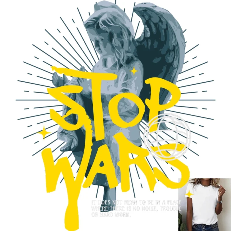 Stop Wars Angel Graphic Heat Transfer White Ink Print, Trendy Slogan Pattern, Suitable for T - Shirts/Canvas Bags & More,