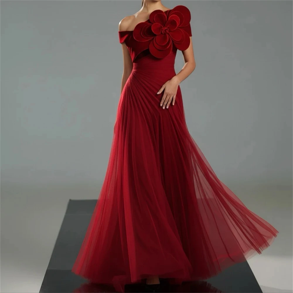 

Customized Formal Tulle A-Line Evening Dress Exquisite Boat Neck Prom Dresses High Quality Flowers Special Occasion Gowns