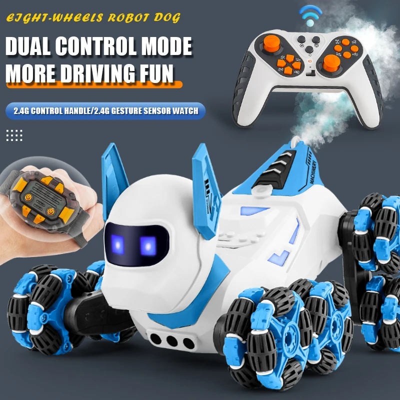 8WD RC روبوت الكلب 2.4G التحكم عن بعد الذكية حيلة روبوت مع الموسيقى رذاذ لفتة الاستشعار الكهربائية الحيوانات الأليفة الصبي لعبة طفل هدية عيد ميلاد