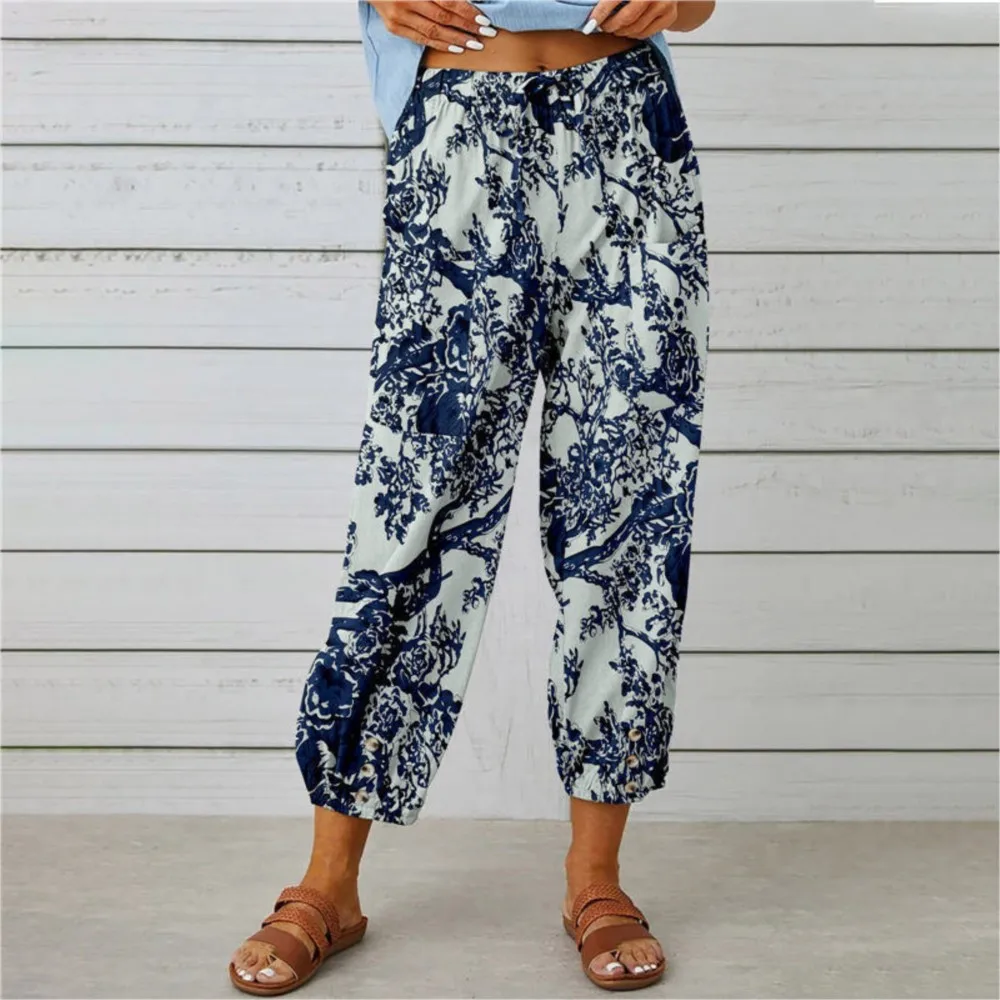Pantaloni a nove punte con coulisse a vita alta da donna in cotone e lino Cravatta in vita elastica Polsino alla caviglia Abbigliamento per la casa allentato stampato retrò