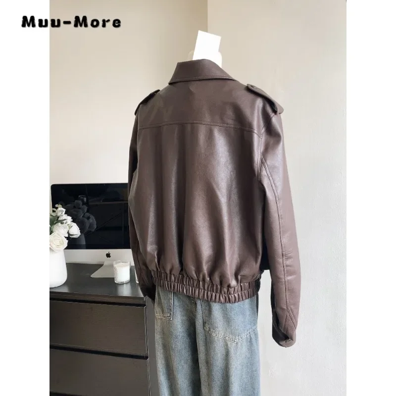 2023 Winter Women High Street Casual Retro Motocycle Faux Leather Jacket Vintage Loose Long Sleeve Winter Solid Faux Jacket