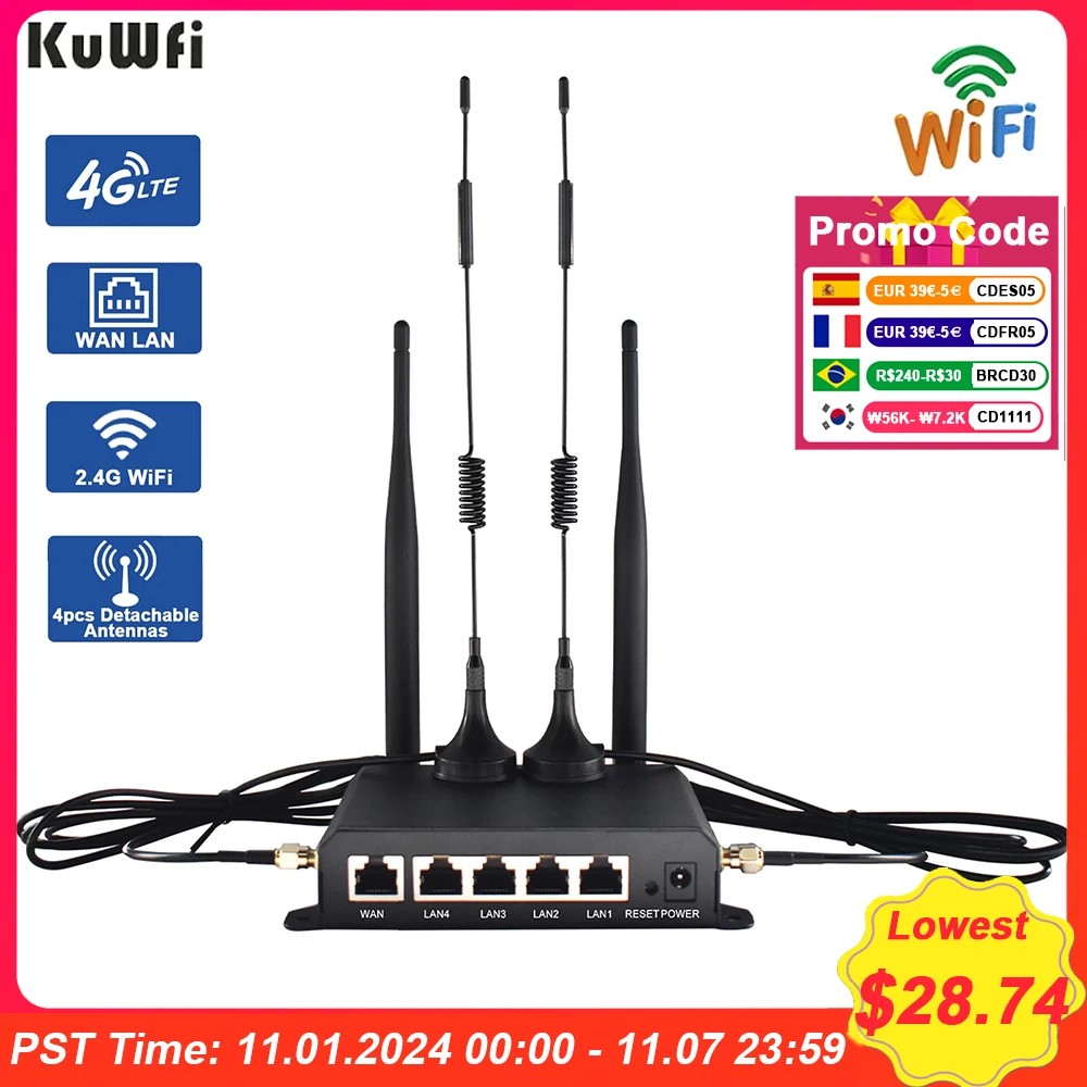 KuWFi 무선 와이파이 라우터 분리형 안테나, WAN LAN, RJ45 포트, AP 리피터 모드, SIM 카드 슬롯, 300Mbps, 4G LTE, 4 개