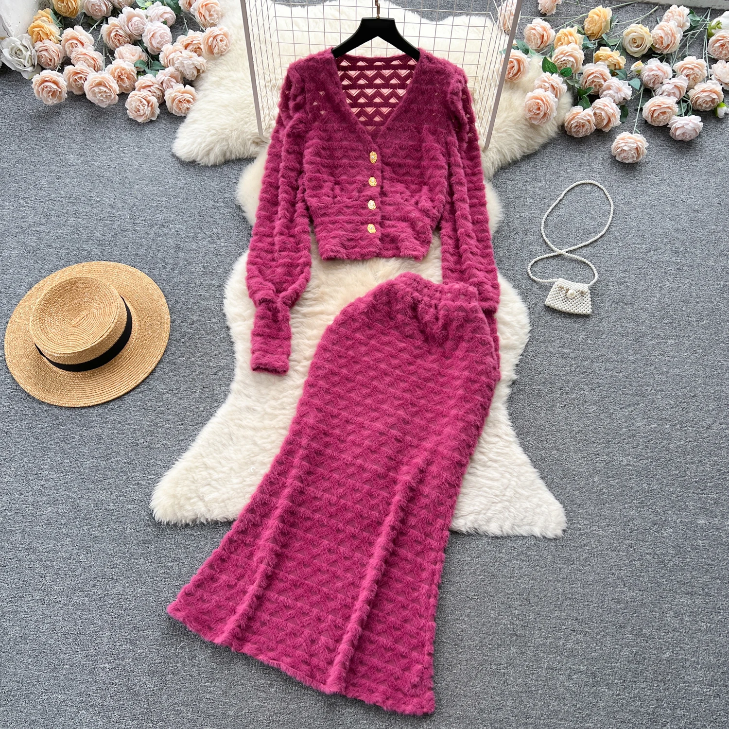 

Temperament Trumpet Skirt 2 Pcs Sets for Women Sexy V-Neck Lace Long Sleeve Tops Slim Fit Mermaid Skirts Women's Clothing