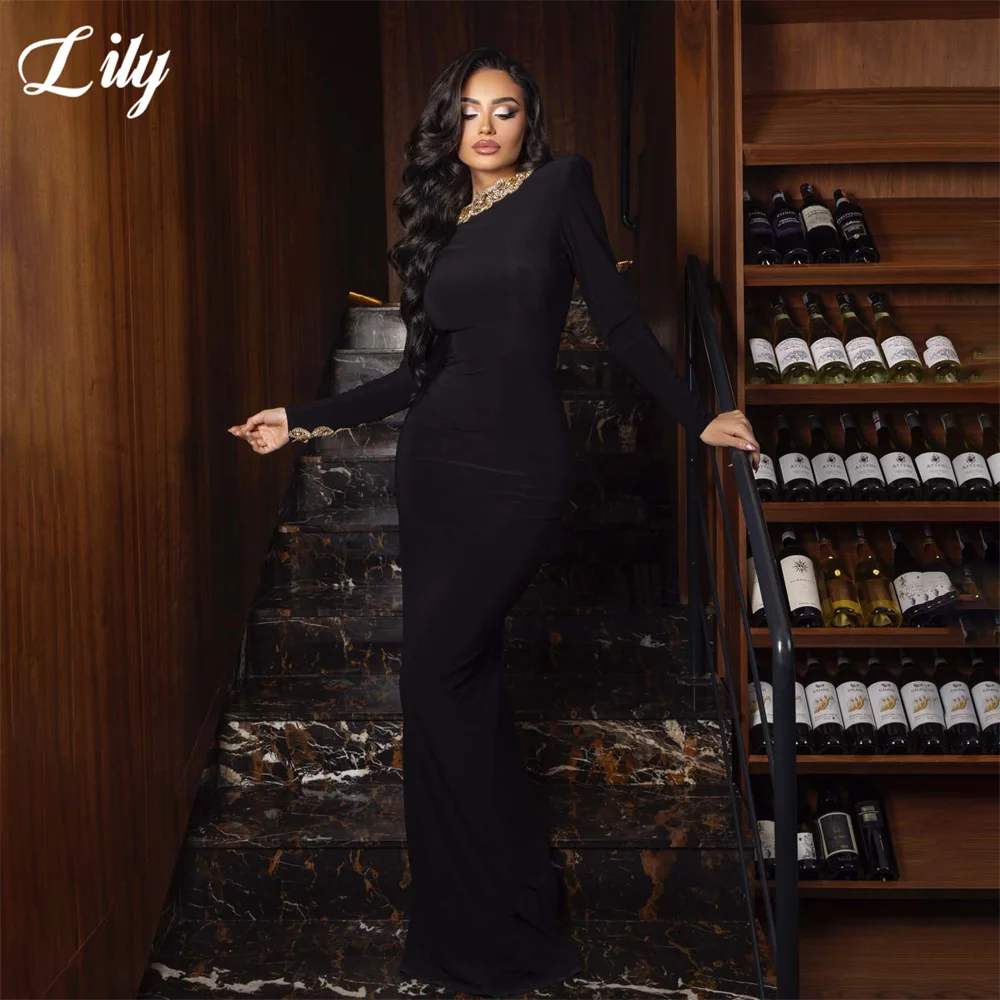 Lily Black Party Dress Backless Gold Rhinestone Evening Dresses Long Sleeve فساتين السهرة Beaded Mermaid Gala Dress Customized