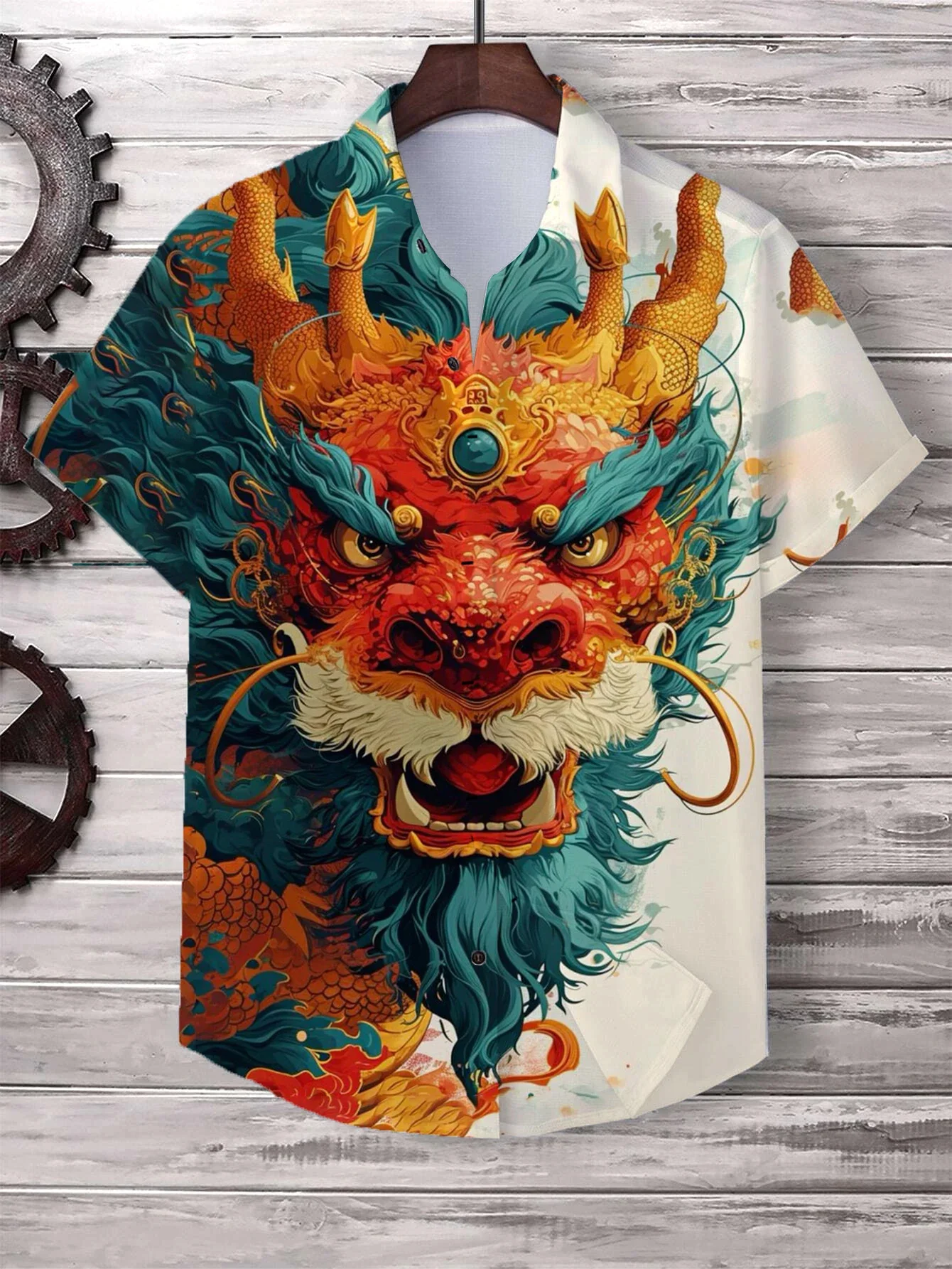 

Chinese New Year's Shirt for Men Fashion Lapel Neck Short Sleeve Top Cool Dragon Printed Men's Shirt Street Hip Hop Clothing