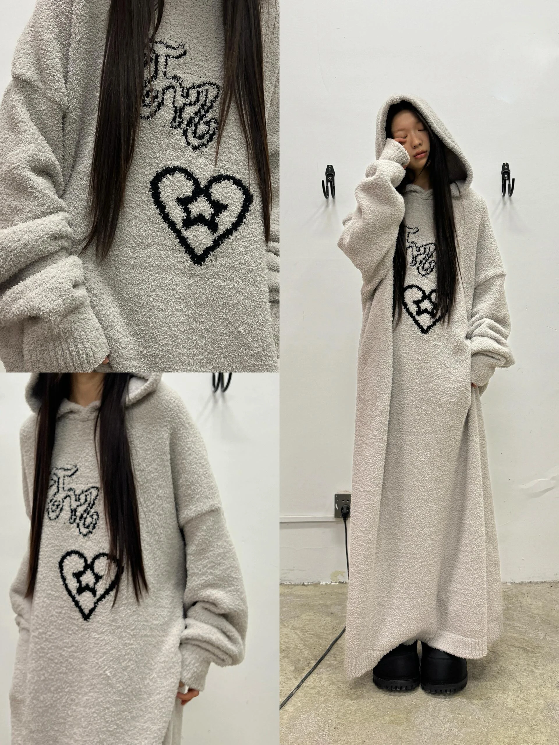 Korean Fashion Knitted Nightgowns Hooded Girls Ins Thickened Long Sleeve Loose Large Size Loungewear Maxi Dress Sleepshirts