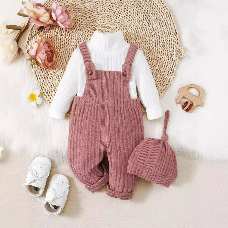 

New girls' style thickened brushed knit turtleneck top+Overalls and hat children's set