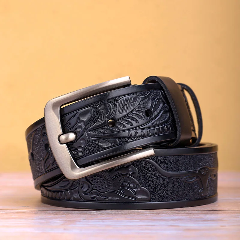 حزام جلد منقوش على الموضة للرجال بإبزيم حديث مناسب للجينز وإكسسوارات الاتجاه اليومي وحزام خصر مضغوط عتيق #3