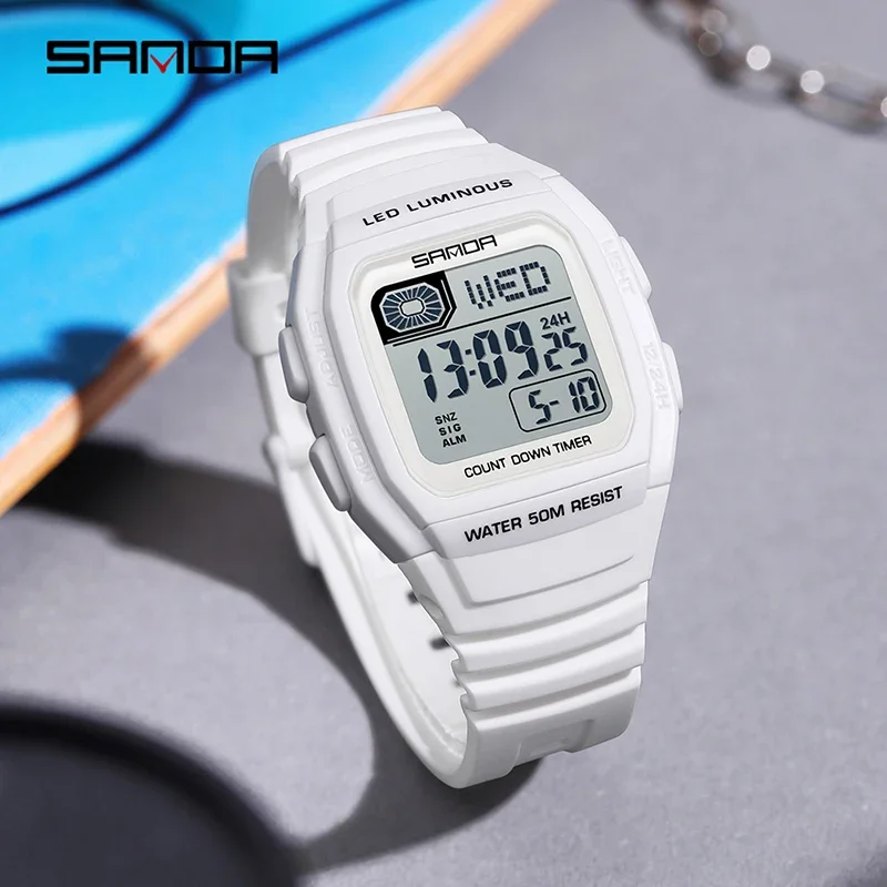 SANDA Fashion Sport Electronic Watch Youth Watch Square Multifunction Calendar Countdown Men Women Luminous Casual Digital Watch