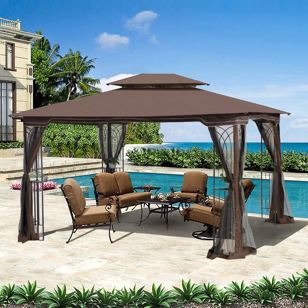 13x10 FT Brown Top Outdoor Patio Gazebo Tent, Double Ventilated Roof with Full Detachable Mosquito Mesh Net, Waterproof Canopy Shelter for Garden Lawn Backyard Deck Party
