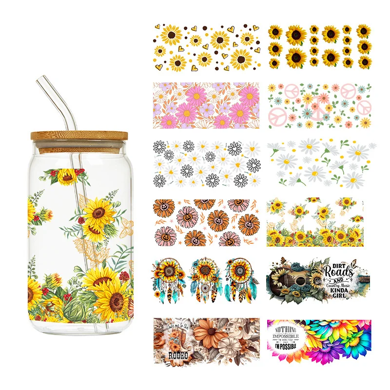 LETOP-Envolturas de gafas de margaritas de girasol para verano, 1 piezas, botellas, taza fría, puede calcomanías personalizadas, pegatina de transferencia, UV, DTF