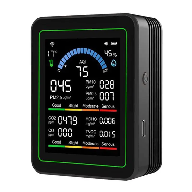 

Многофункциональный Wi-Fi монитор качества воздуха Tuya 10-в-1: детектор CO2, формальдегида, измеритель температуры и влажности для помещений/улицы, черный