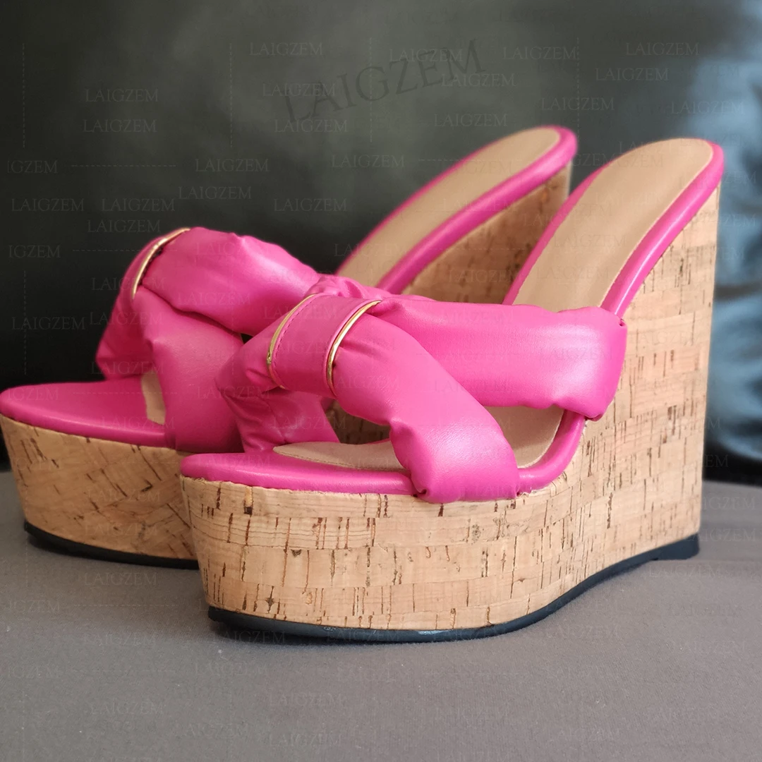 

LAIGZEM/женские сабо без шнуровки на танкетке, высокие каблуки с пробковым принтом, шлепанцы из искусственной кожи, женская обувь ручной работы, большие размеры 45, 47 52