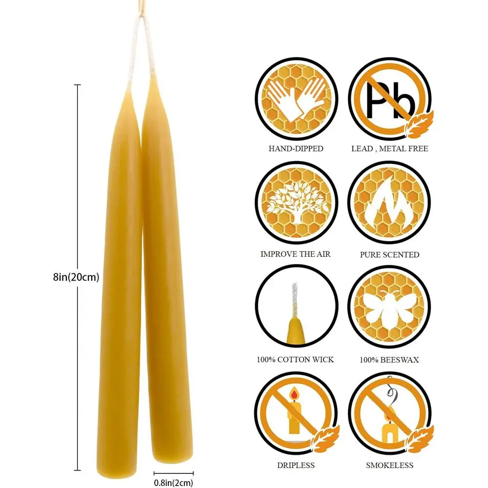 6-Pack 8-Inch Natural Wax Taper Candles Set, Ideal for Home Dinner Decor and Housewarming Gifts, Long-Burning, Nontoxic