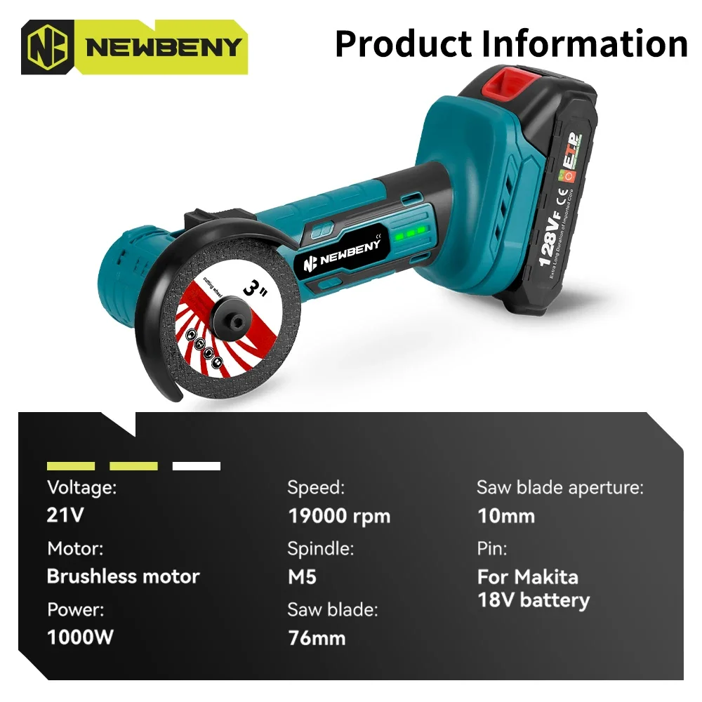 NEWBENY 3 Inch Mini Brushless Angle Grinder Household Cordless Grinding Cutting Woodworking Tool For Makita 18V-21V Battery