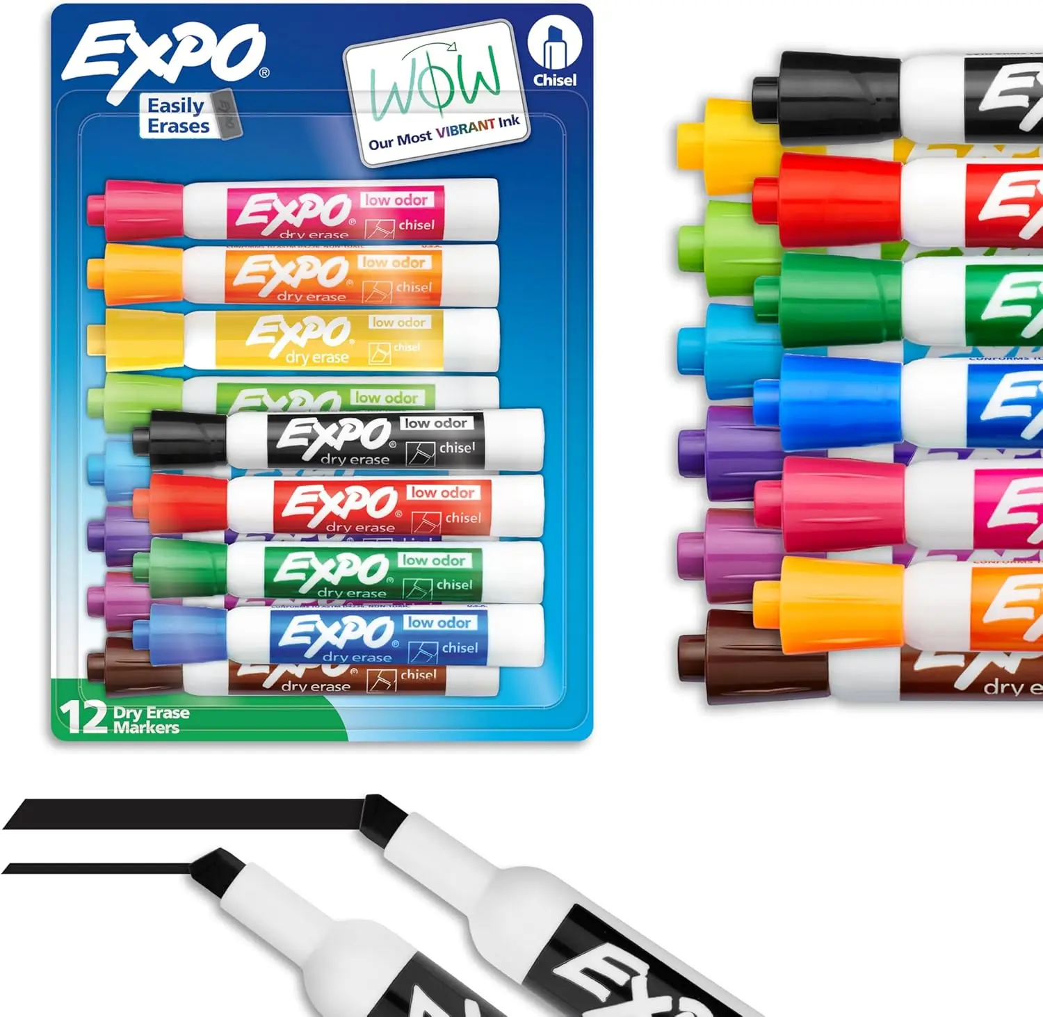 

Dry Erase Markers, Low Odor, Assorted Colors, Chisel Tip, 12 Pack