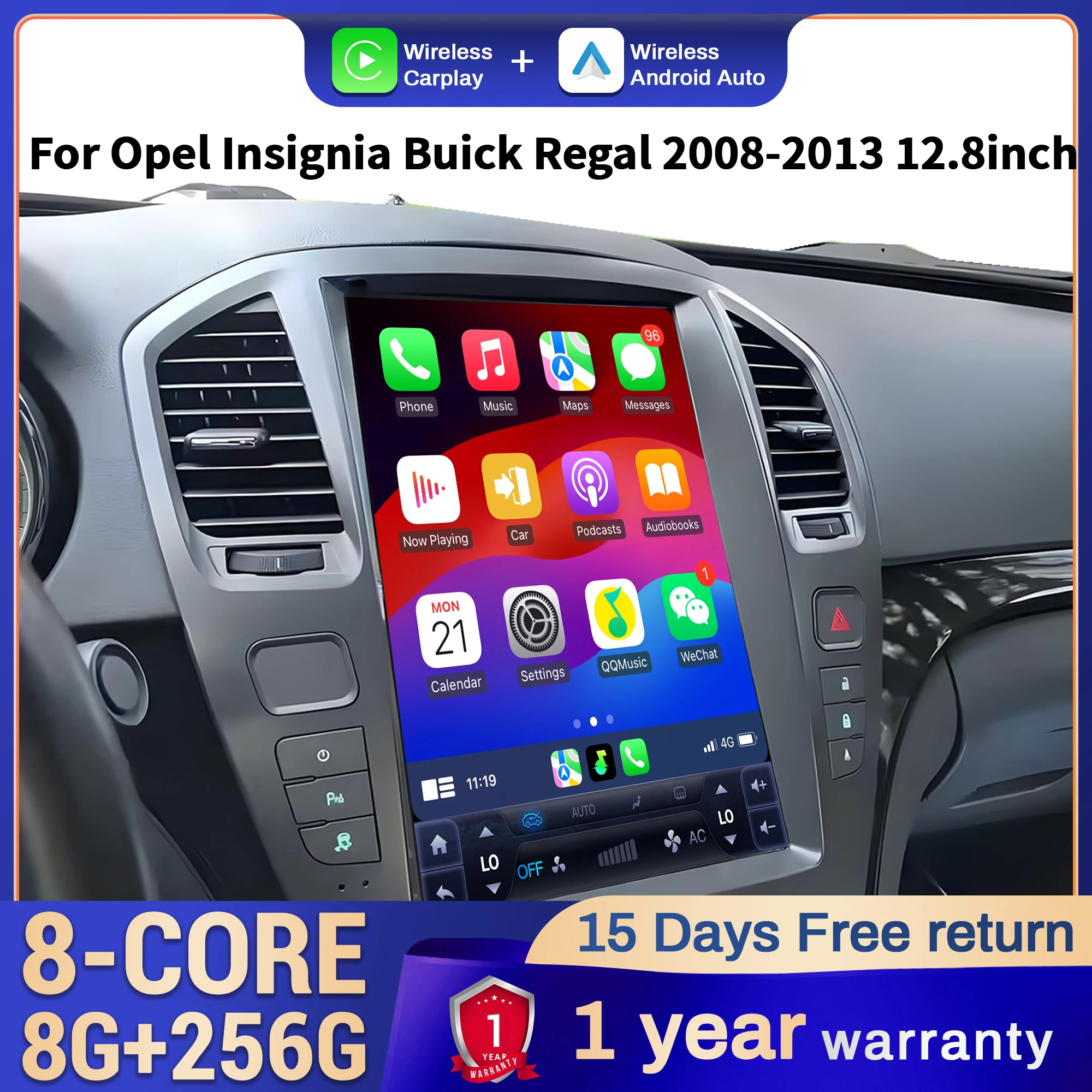 12.8 inch Car Radio Android 14 For Opel Insignia Buick Regal 2008-2013 4G GPS Wireless Bluetooth CarPlay Head Unit Touch Screen