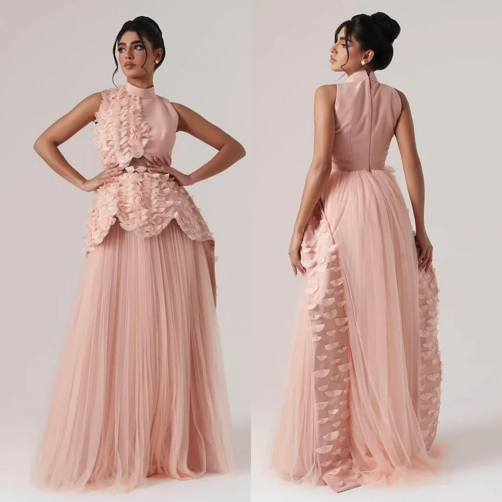 

Customized Net Pleat Applique High Collar A-line Long Dresses Bespoke Occasion Quinceanera Party Gown Fashion Evening