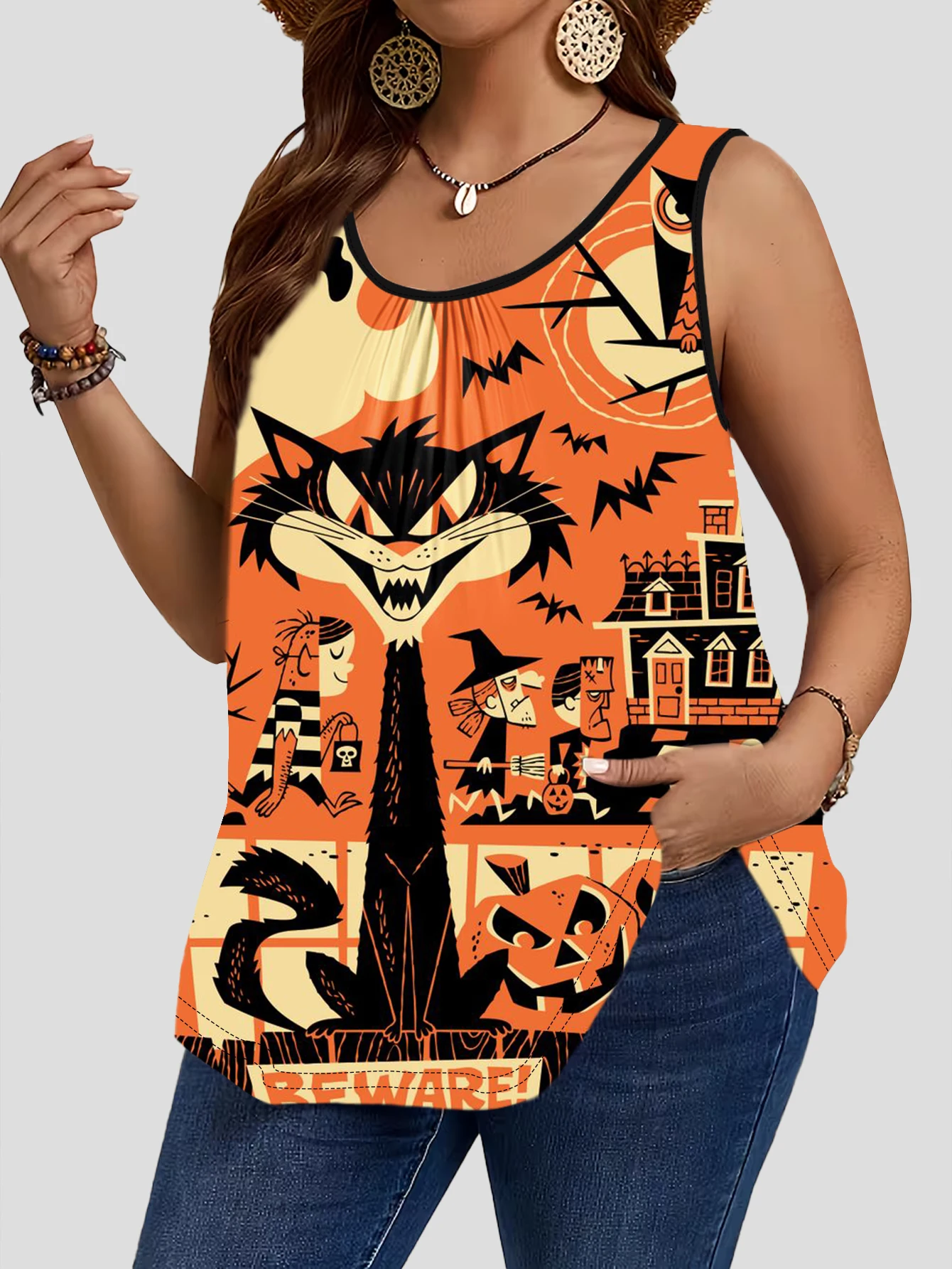 3-Piece Set of Plus-Size Sleeveless Vests with Mexican Day of the Dead Sugar Skulls, Halloween Black Cat, Pumpkin, and Witch Prints, Vintage Cartoon Dark Style Loose-Fitting Camisole Tops 4