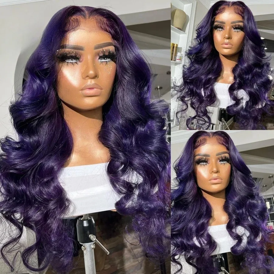 

Фиолетовый синтетический парик фронта шнурка 24 дюйма 13x4 длинный объемный парик фронта шнурка предварительно сорванные бесклеевые парики для модных женщин вечерние