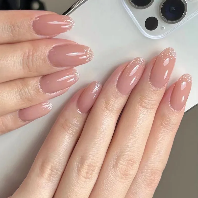 

24Pcs Fake Nails Simple Nude French Short Round Glitter Nails Press-on Nail Tips Perfect for Gifting To Girls and Friends