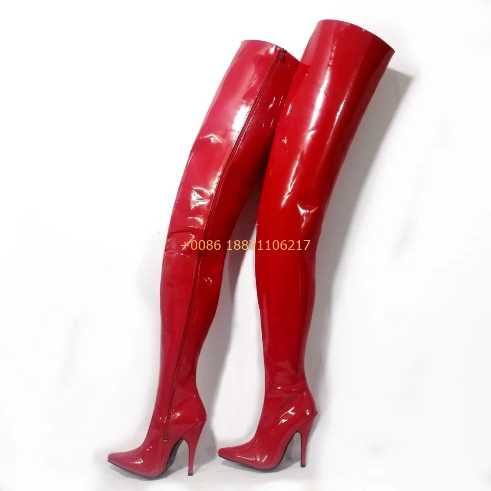 Stivali sopra il ginocchio in pelle verniciata rossa sexy Nuovi modelli autunno inverno Sfilata Tacchi a spillo Stivali da festa da donna di grandi dimensioni