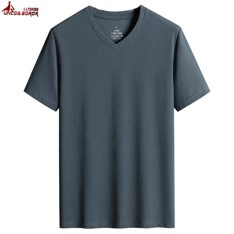 Plus Size 8XL 9XL Summer V-Neck T-shirt Men Ice Silk Cooling Breathable Running T Shirts Men's Hiking Camping Tops Tees Clothing