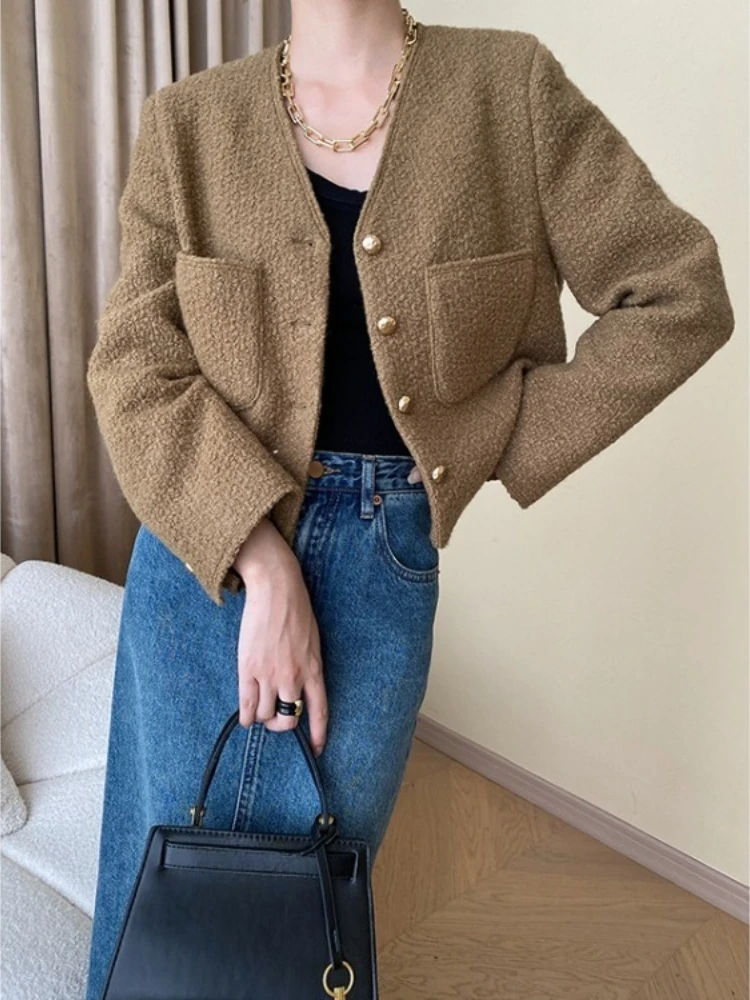 

Simple Elegant V-neck Tweed Jackets Vintage High quality Short Coat Women Spring Autumn New All-match Aesthetics Tops Mujer