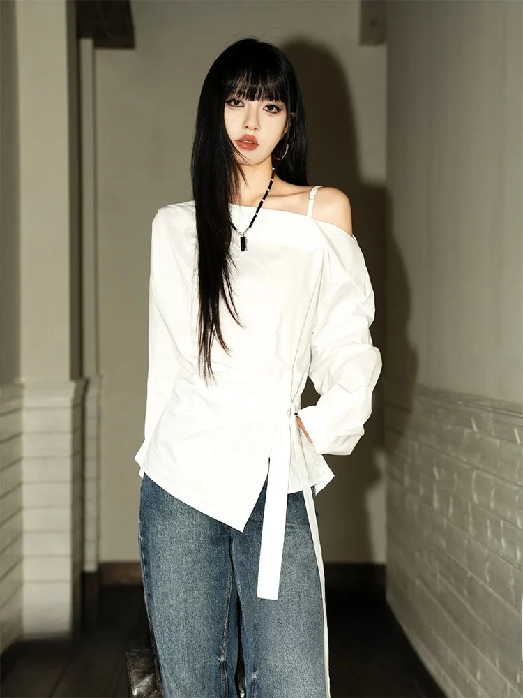 

Женская рубашка в повседневном стиле с длинным рукавом, с драпировкой на плечах, утягивающая талию, с боковыми пуговицами, из смесового хлопка, весенний модный топ