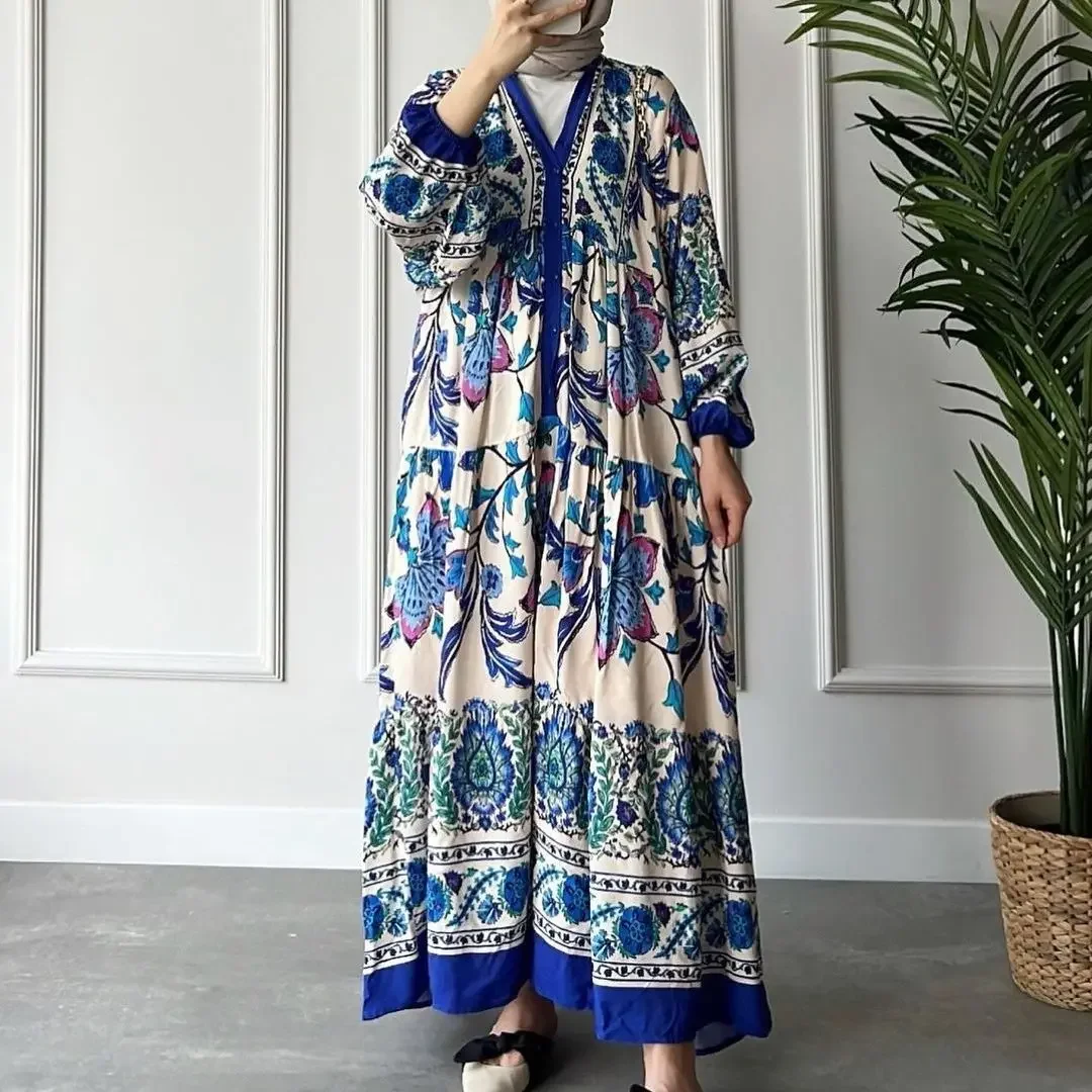 Vintage Print National Style Jalabiya Femme Robe Muslim Dress Long-sleeved Stand Collar Dubai Abayas for Women Islam Clothing