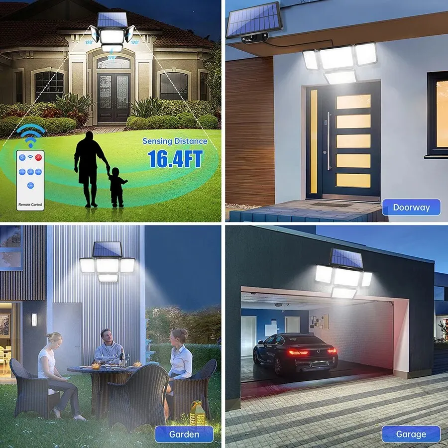 Solar Lights for Outside 247 LED IP65 Waterproof 800lm Solar Wall Lamp with Remote Control 4 Heads Solar Flood Street Light