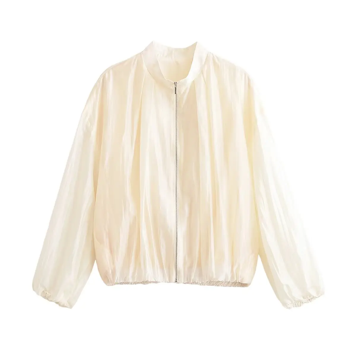 Women Stand Collar Zip Sheer Shimmer Jacket, Loose Long Sleeve Outerwear, Creamy White