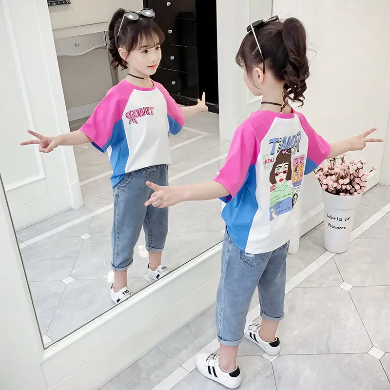 

Girls ort Sve T-irt Summer Wear 2025 New Children's round Ne Sweatirt Loose Pure Cotton Body irt Trendy Top