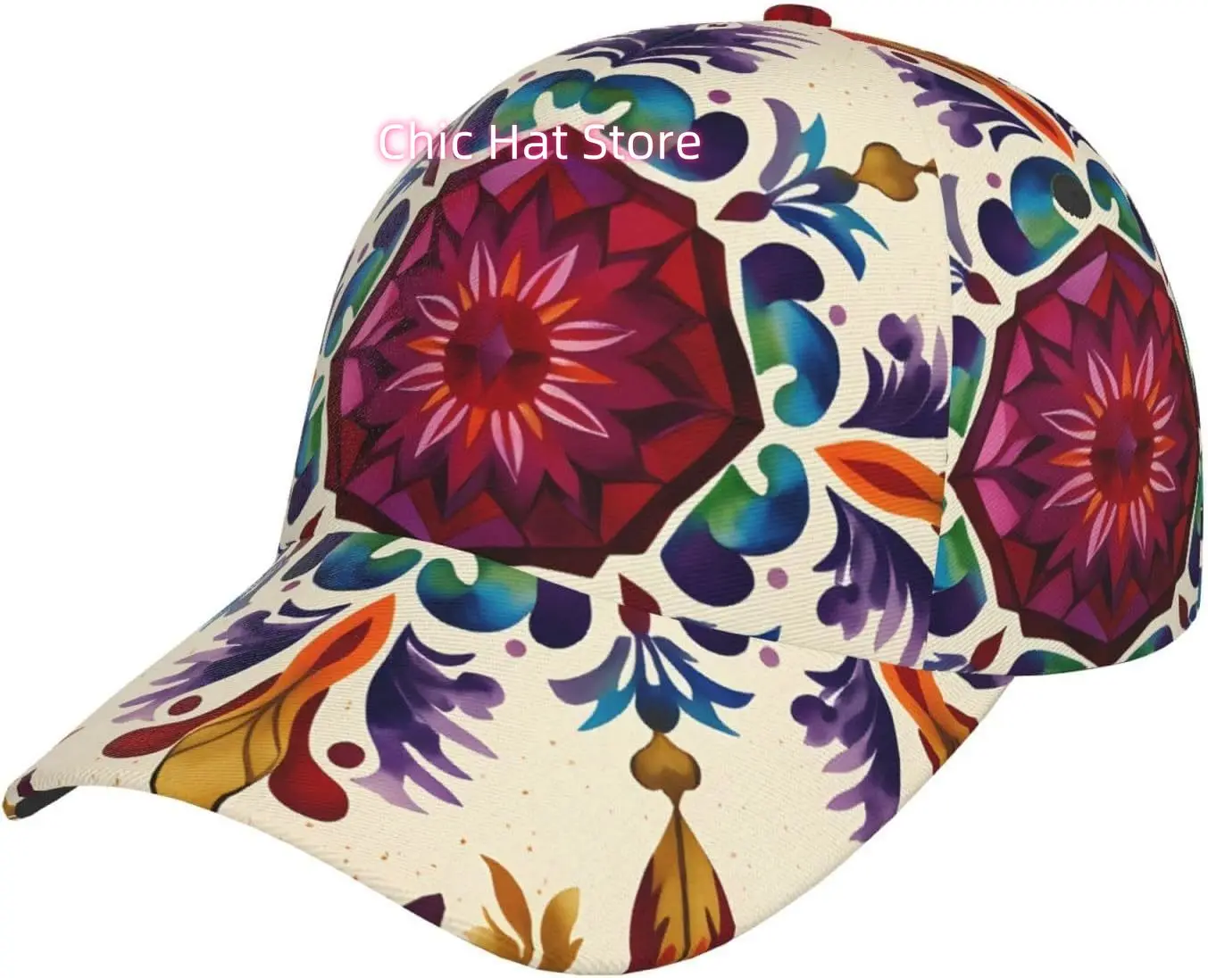 Vibrant Floral Mandala Pattern Baseball Cap Adjustable Cotton Baseball Hat for Sports, Outdoor, Travel Gifts for Men Black