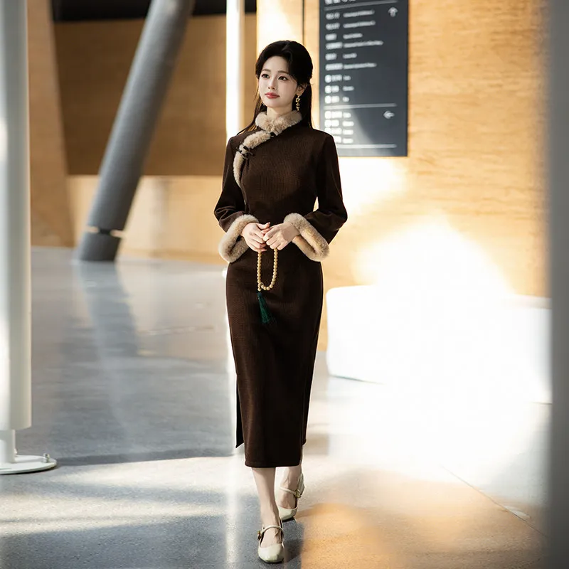 New Chinese Style Suzhou Long Sleeved Cheongsam Winter Thick Improved Young Women's High-end Qipao Dress